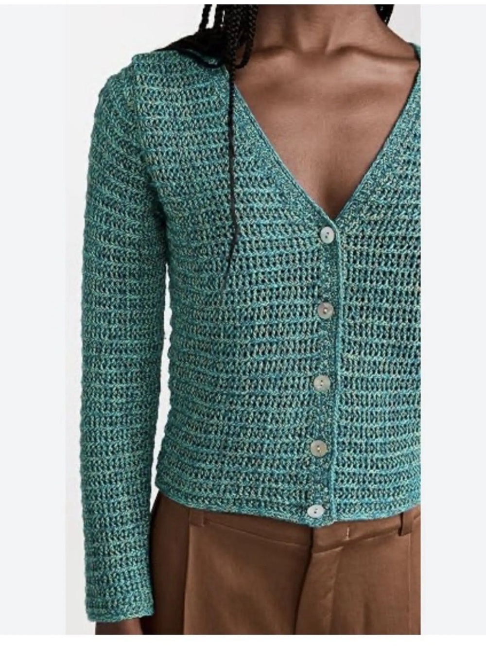 Vince 100% Cotton Italian Yarn Knit Cardigan XS Teal Marled Button Front Cropped